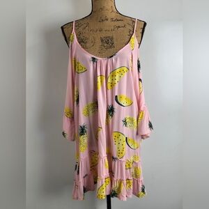 Solitaire Swim Pink & Yellow Watermelon Pineapple Cold Shoulder Dress Sz S